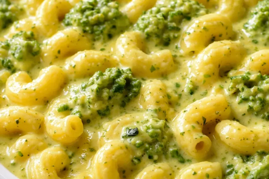 Creamy healthy one pot broccoli mac and cheese with tender broccoli florets and a rich golden cheese sauce.