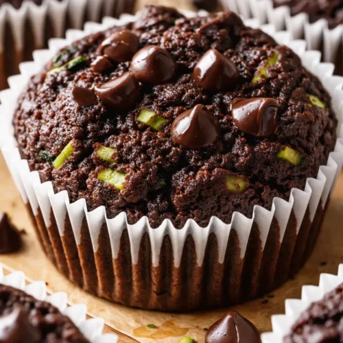 Moist chocolate zucchini protein muffins with rich dark color, chocolate chips, and green zucchini flecks on a white plate