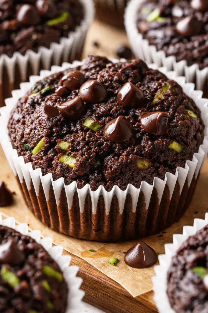 Moist chocolate zucchini protein muffins with rich dark color, chocolate chips, and green zucchini flecks on a white plate