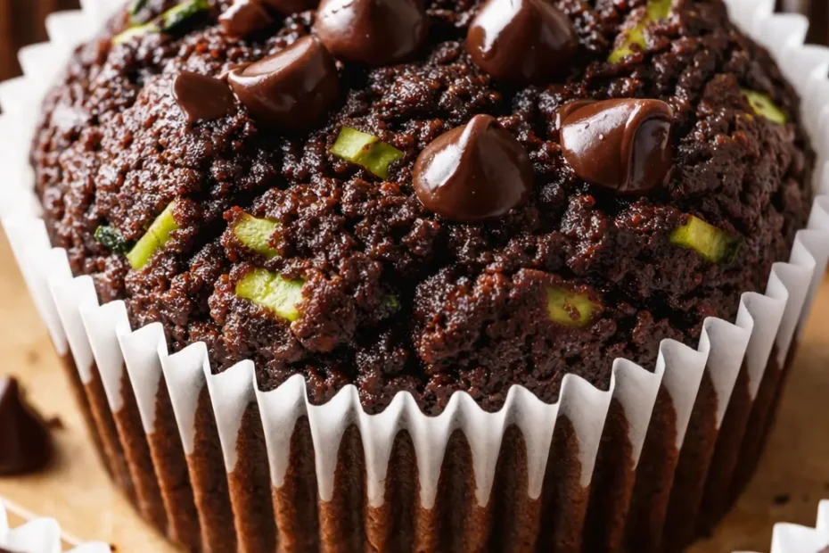 Moist chocolate zucchini protein muffins with rich dark color, chocolate chips, and green zucchini flecks on a white plate