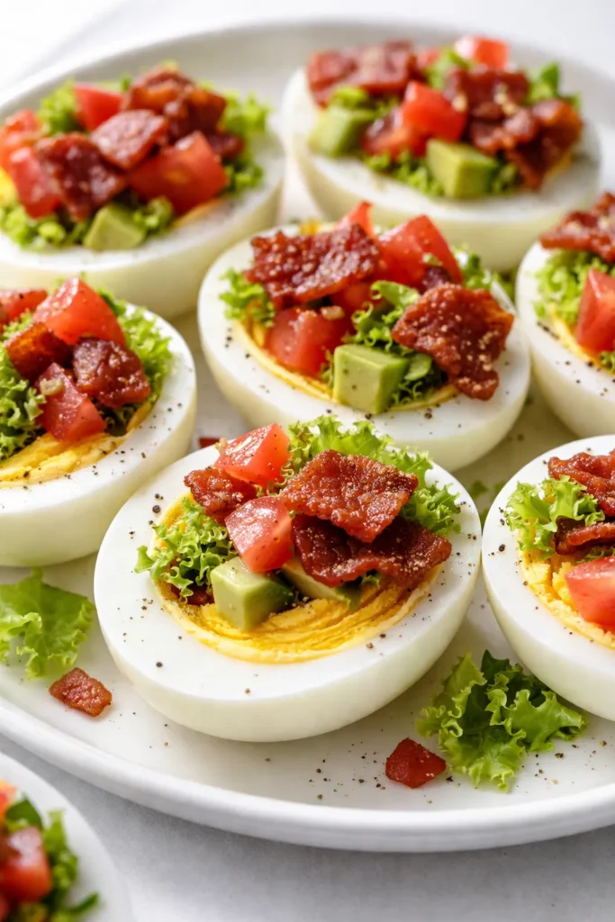 Crisp lettuce, cherry tomatoes, and crispy bacon atop a sliced hard-boiled egg on a white plate, a healthy BLT bite appetizer.