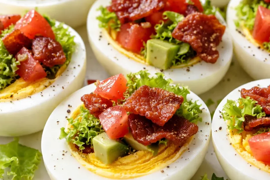 Crisp lettuce, cherry tomatoes, and crispy bacon atop a sliced hard-boiled egg on a white plate, a healthy BLT bite appetizer.