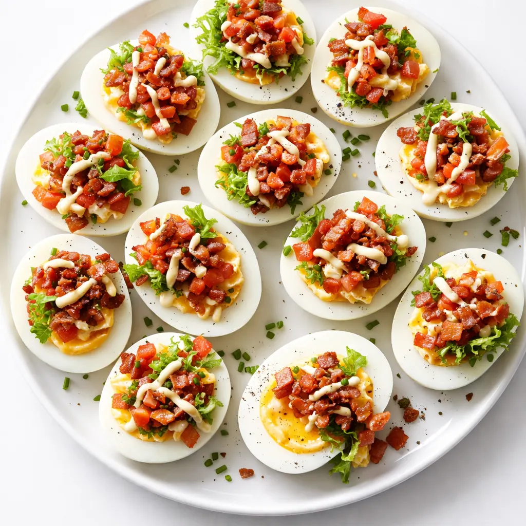 Sliced hard boiled eggs topped with crispy bacon, fresh lettuce, and tomato, forming healthy BLT bites on a plate.