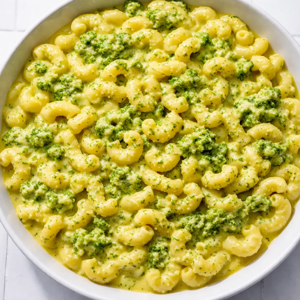 Creamy one pot broccoli mac and cheese with tender broccoli florets in a rich, velvety cheese sauce, served in a wooden dish.