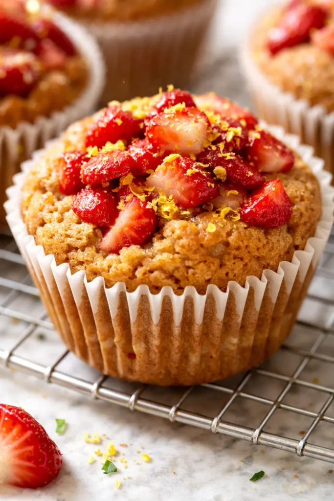 Golden brown healthy strawberry muffins with cottage cheese, soft and moist, topped with fresh strawberry slices