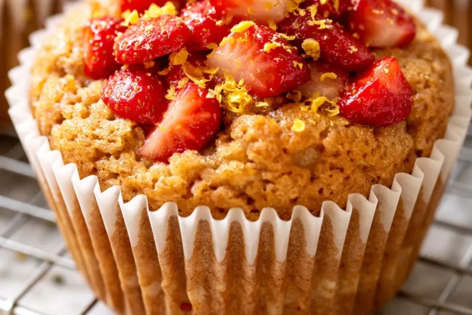 Golden brown healthy strawberry muffins with cottage cheese, soft and moist, topped with fresh strawberry slices
