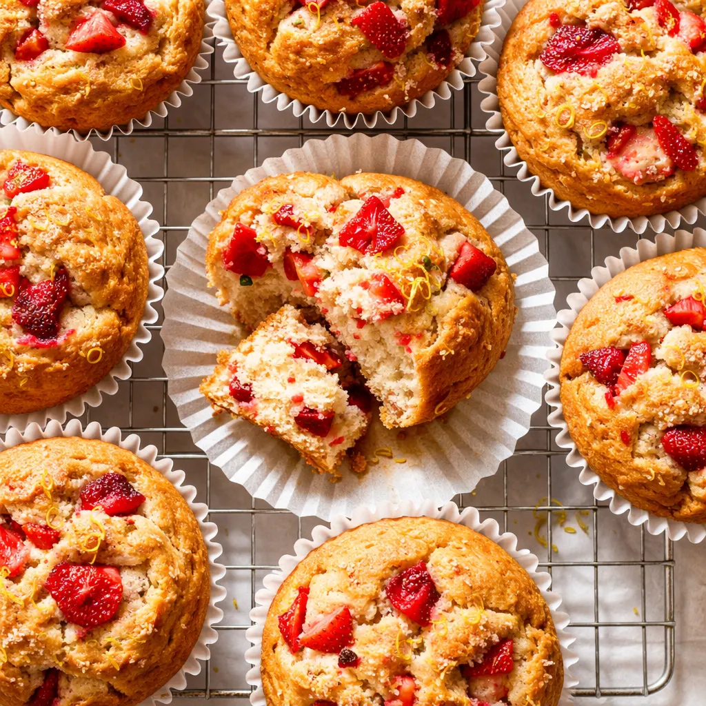 Moist strawberry muffins with cottage cheese on a cooling rack, golden brown tops with strawberry pieces visible.