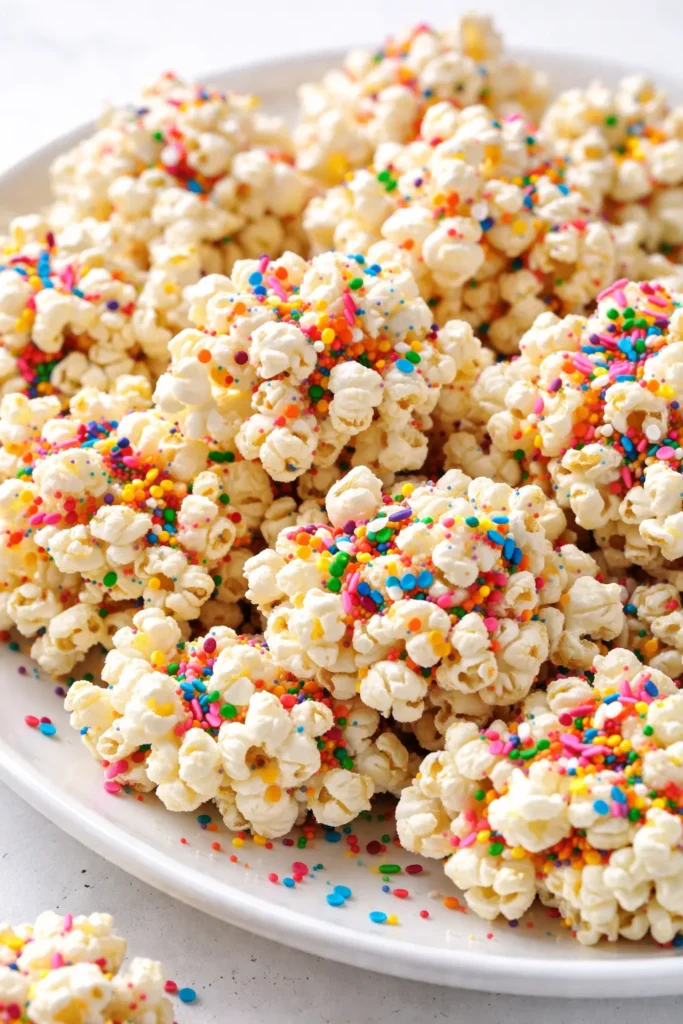 Homemade funfetti marshmallow popcorn treats with rainbow sprinkles on a white platter, crispy and chewy texture.