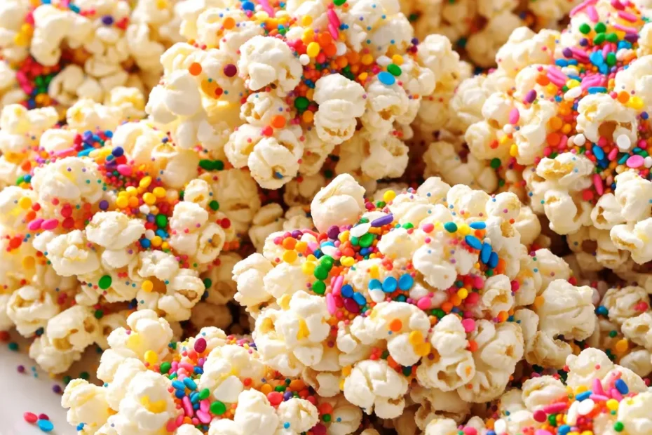 Homemade funfetti marshmallow popcorn treats with rainbow sprinkles on a white platter, crispy and chewy texture.