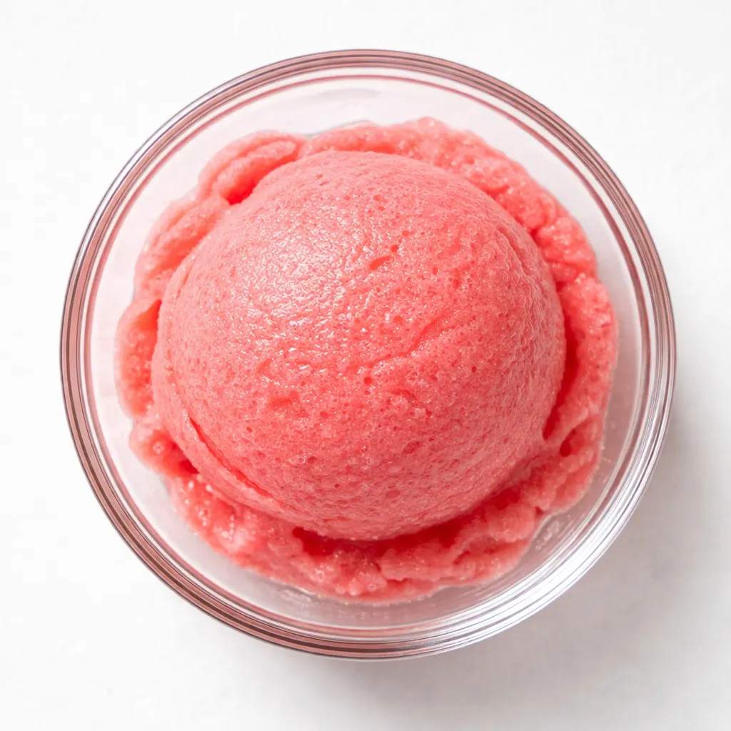 Fresh watermelon chunks blended into a smooth, vibrant pink sorbet mixture, showcasing creamy texture and hydration.