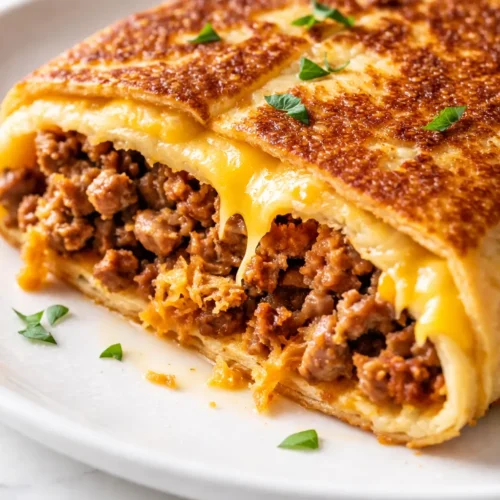 Golden brown keto crunchwrap with crispy exterior, layers of cheese, seasoned beef, lettuce, and avocado.