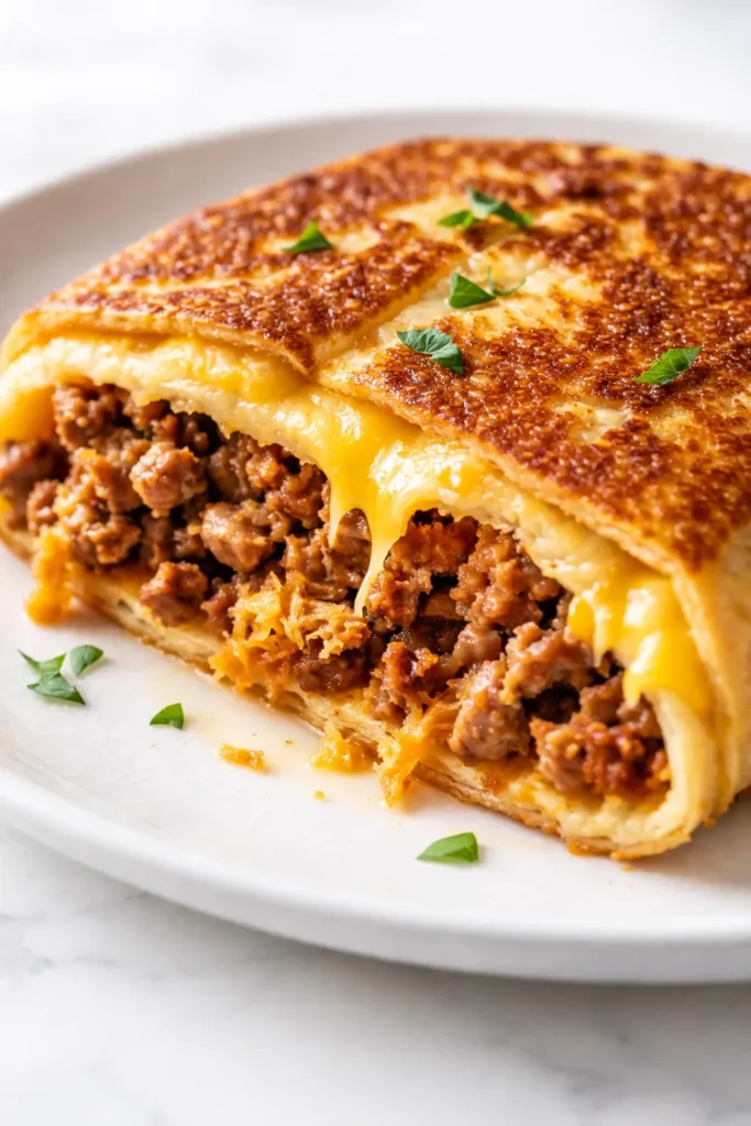 Golden brown keto crunchwrap with crispy exterior, layers of cheese, seasoned beef, lettuce, and avocado.