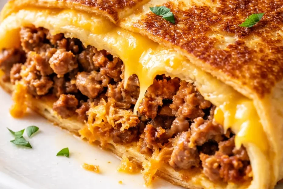 Golden brown keto crunchwrap with crispy exterior, layers of cheese, seasoned beef, lettuce, and avocado.