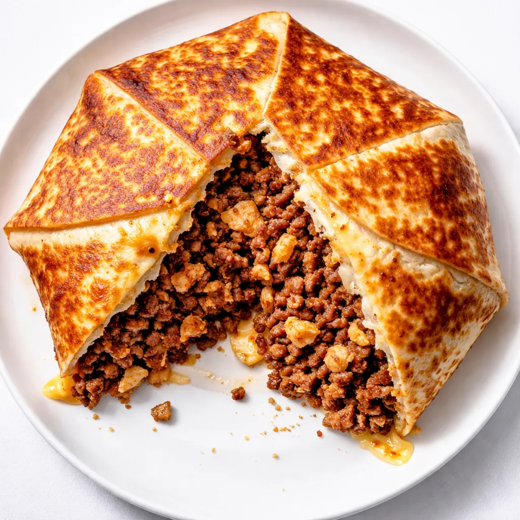 Crispy golden brown keto crunchwrap with melted cheese and savory fillings, perfectly sealed and crunchy