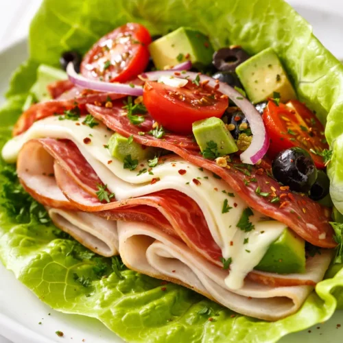 Fresh green lettuce wraps filled with seasoned Italian ground meat, cherry tomatoes, and melted mozzarella, held together securely.