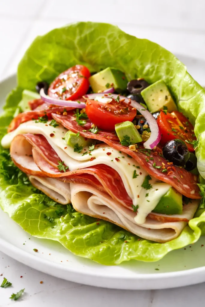 Fresh green lettuce wraps filled with seasoned Italian ground meat, cherry tomatoes, and melted mozzarella, held together securely.