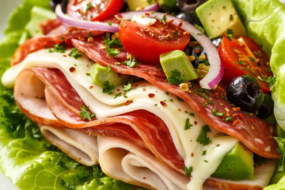 Fresh green lettuce wraps filled with seasoned Italian ground meat, cherry tomatoes, and melted mozzarella, held together securely.