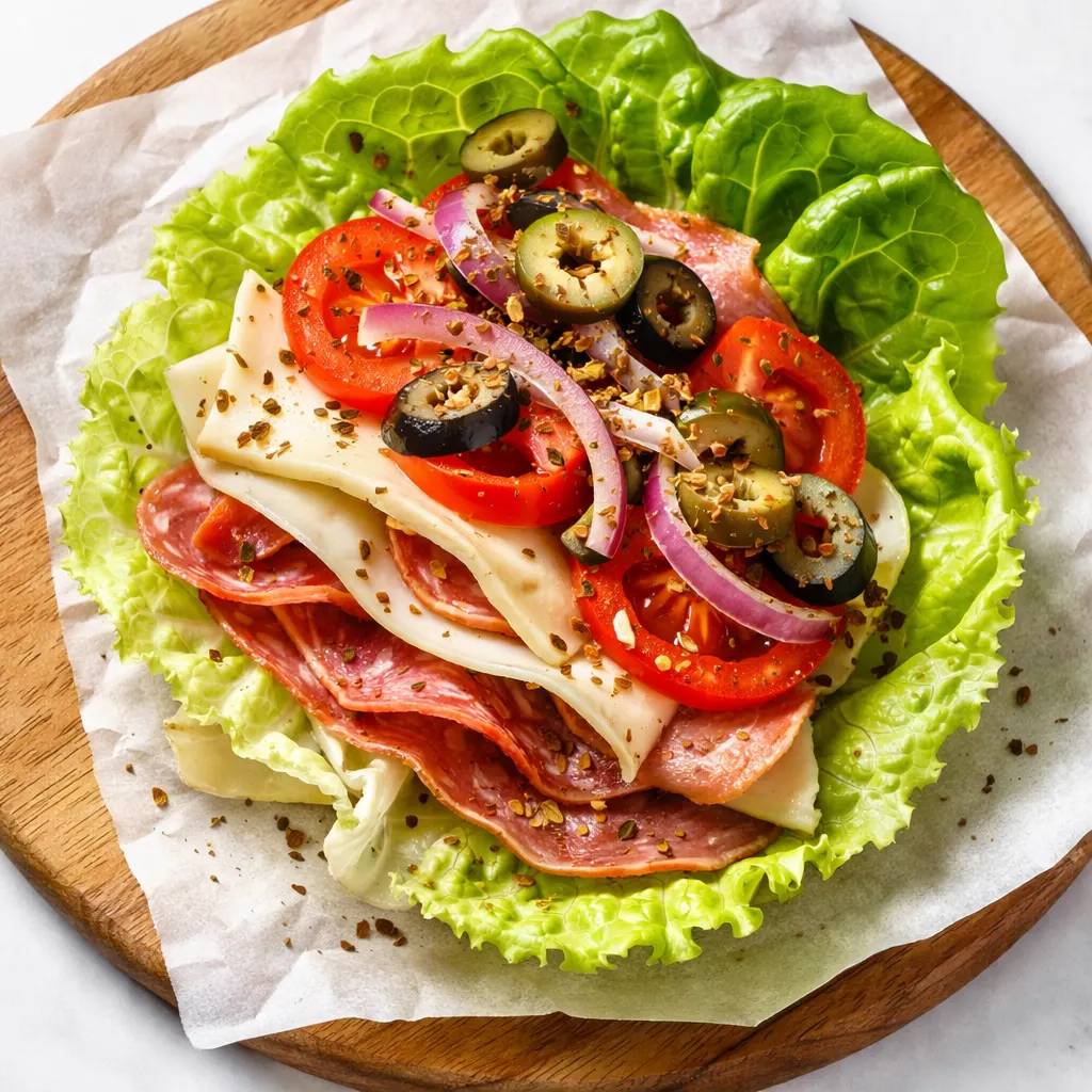Keto Italian lettuce wraps hold together with savory meat, cheese, and tomato fillings, crisp green lettuce leaves.