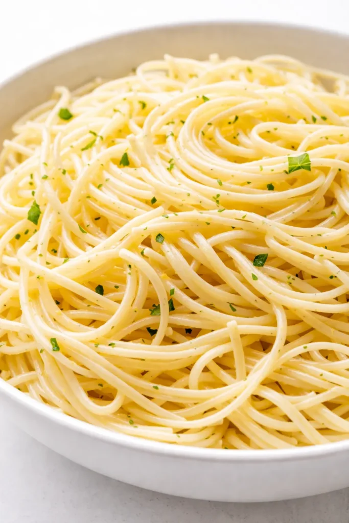 Bright lemon capellini salad with al dente pasta, fresh herbs, and cherry tomatoes in a white bowl, drizzled with tangy dressing.