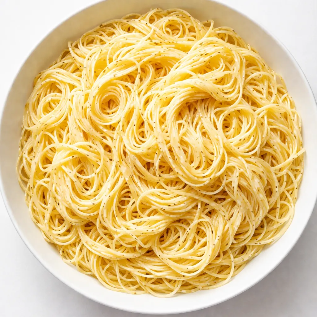 Stirring fresh lemon juice and zest into cooked capellini pasta with cherry tomatoes and basil in a white bowl