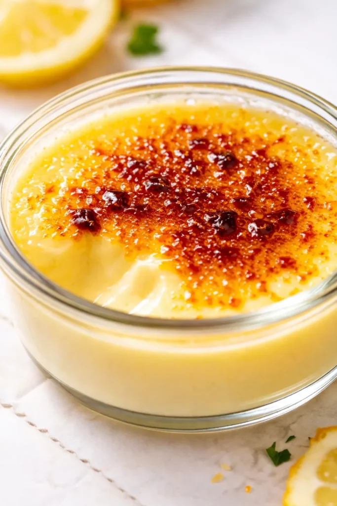 Lemon posset brûlée with a glossy caramelized sugar top and creamy yellow custard, served in a small white ramekin.