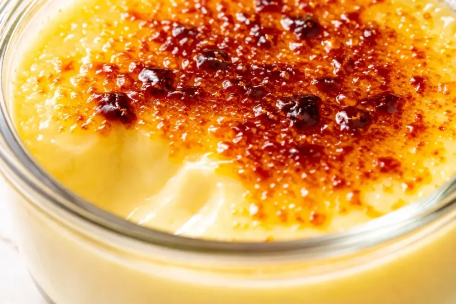 Lemon posset brûlée with a glossy caramelized sugar top and creamy yellow custard, served in a small white ramekin.