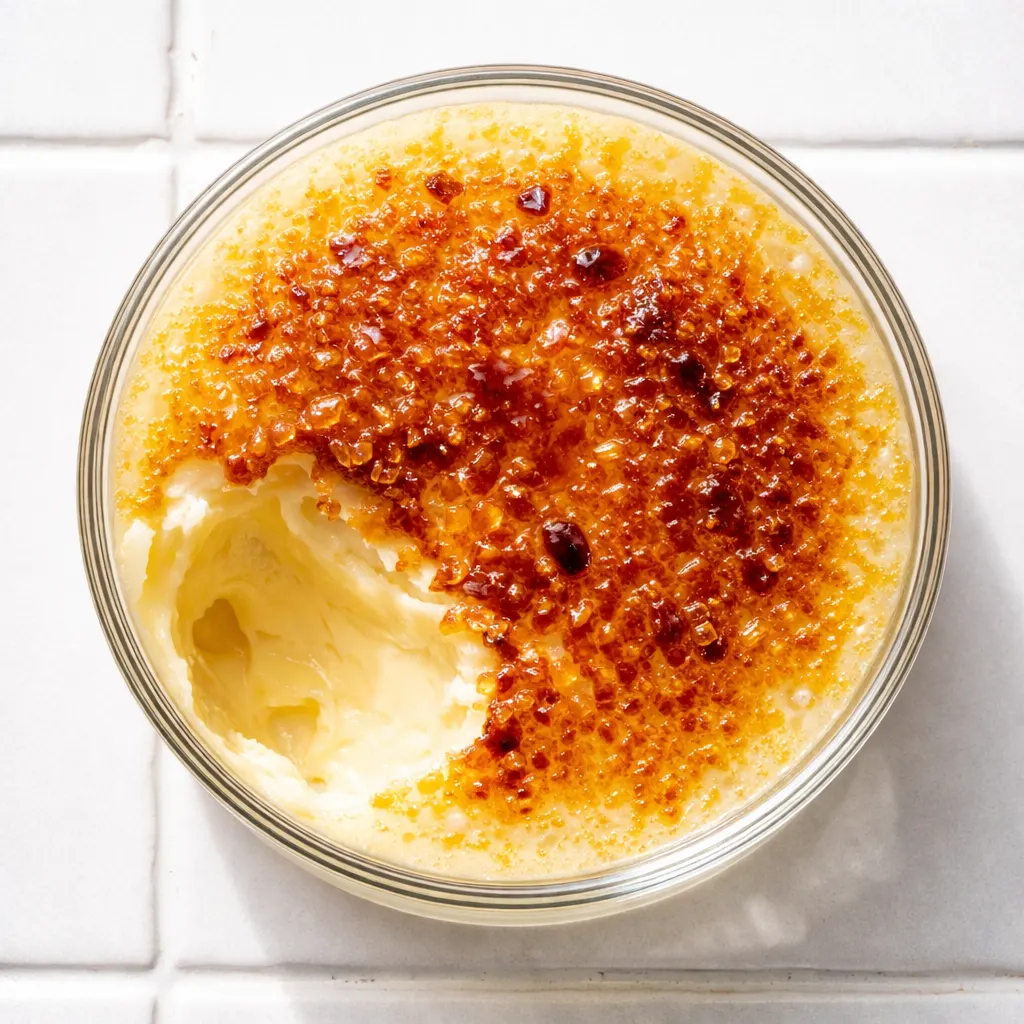 Torching sugar on a creamy lemon posset brûlée to create a golden caramelized crust, an easy 3-ingredient citrus dessert.