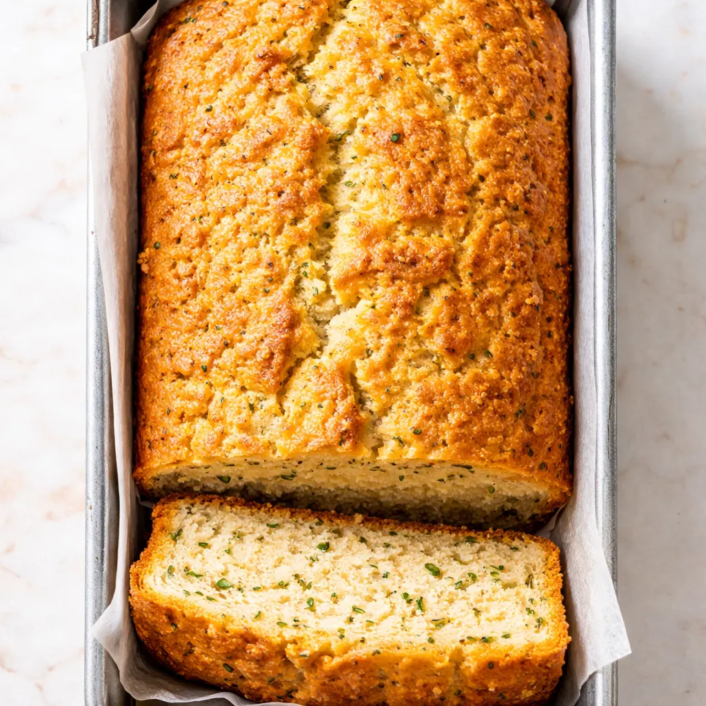 Moist lemon zucchini bread slice with visible green zucchini specks and a golden-brown crust, drizzled with a light glaze.