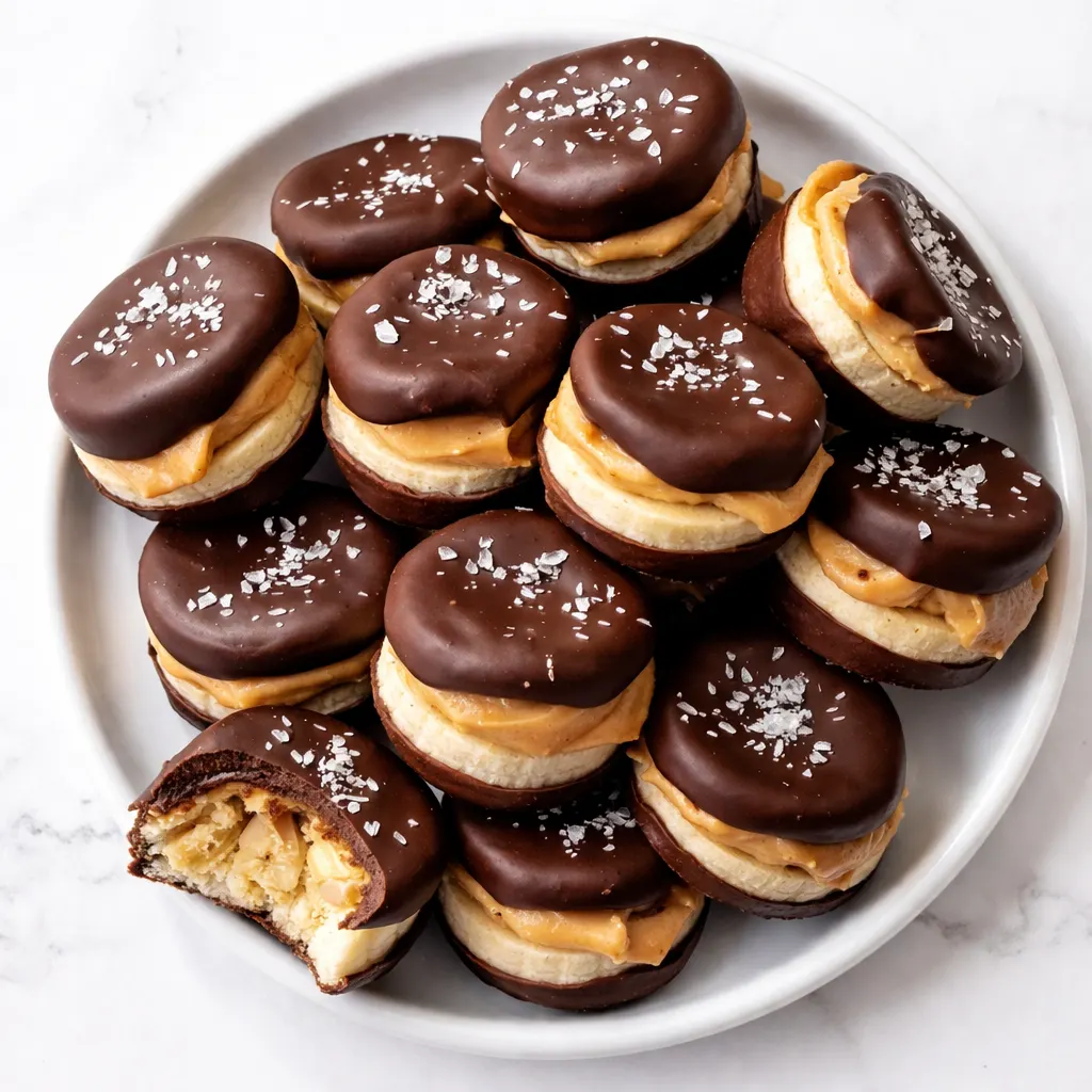 Hands dipping ripe banana slices into smooth melted chocolate and creamy peanut butter on a parchment-lined tray, forming no-bake chocolate peanut butter banana bites.