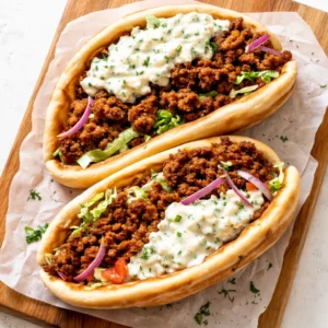 Seasoned ground beef sizzling in a skillet with Mediterranean spices, golden brown and juicy.