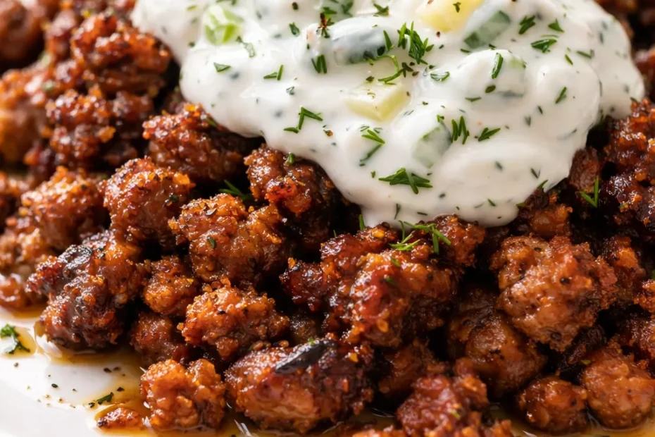 Mediterranean ground beef gyros piled high with seasoned meat, juicy tomatoes, red onions, and drizzled tzatziki sauce inside a warm pita bread.