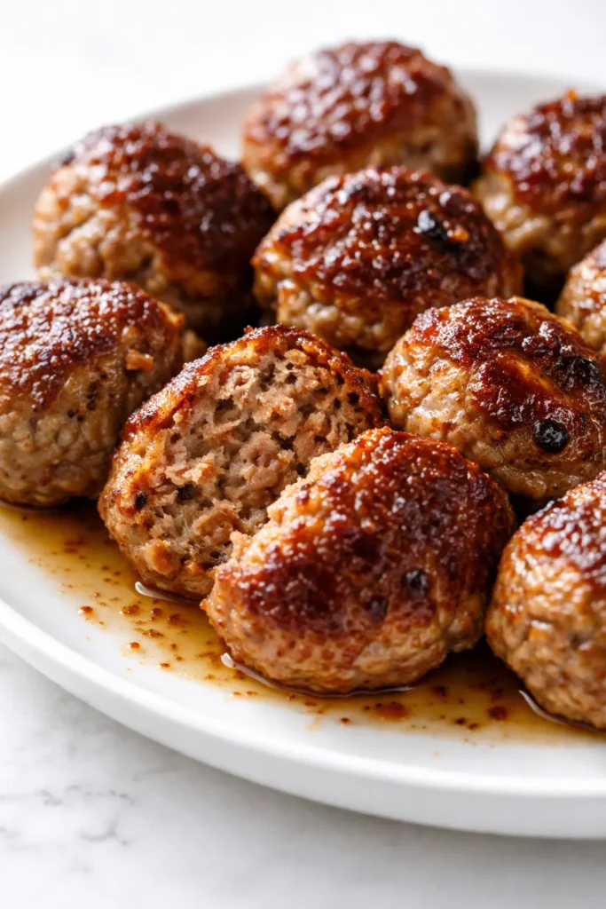 Golden brown Italian meatballs in rich tomato sauce, garnished with fresh parsley, revealing their tender, melt-in-your-mouth texture.