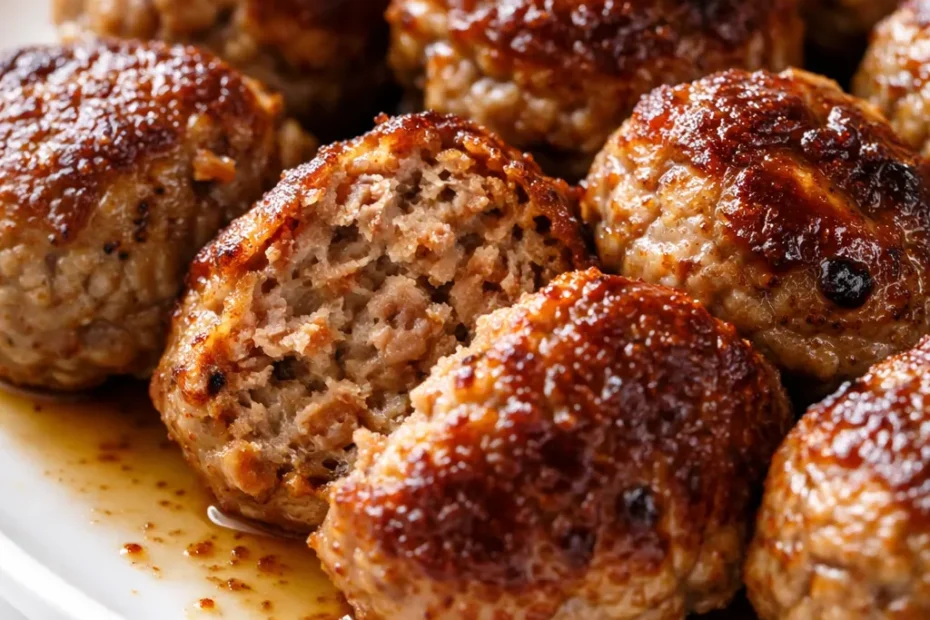 Golden brown Italian meatballs in rich tomato sauce, garnished with fresh parsley, revealing their tender, melt-in-your-mouth texture.