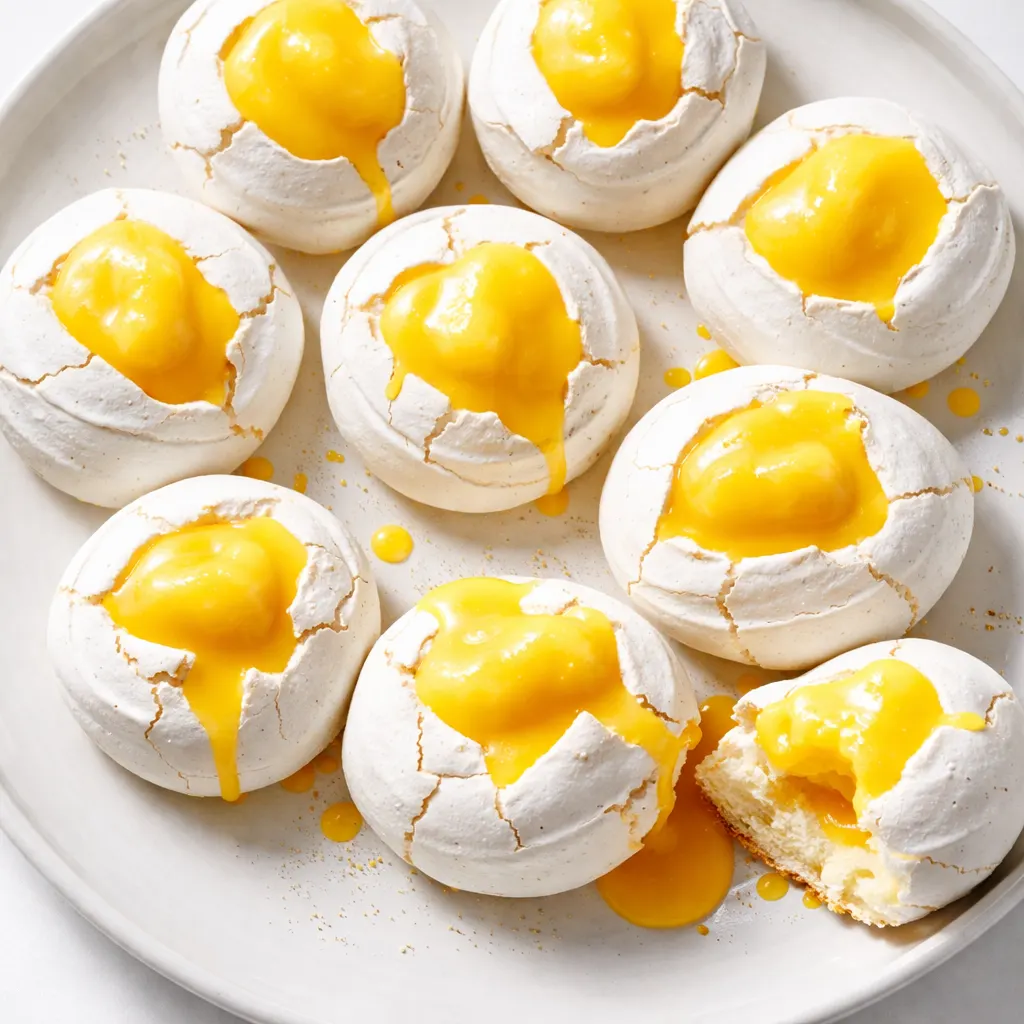 Shatteringly crisp mini meringues with golden edges, topped with glossy silky lemon curd and a dusting of powdered sugar.