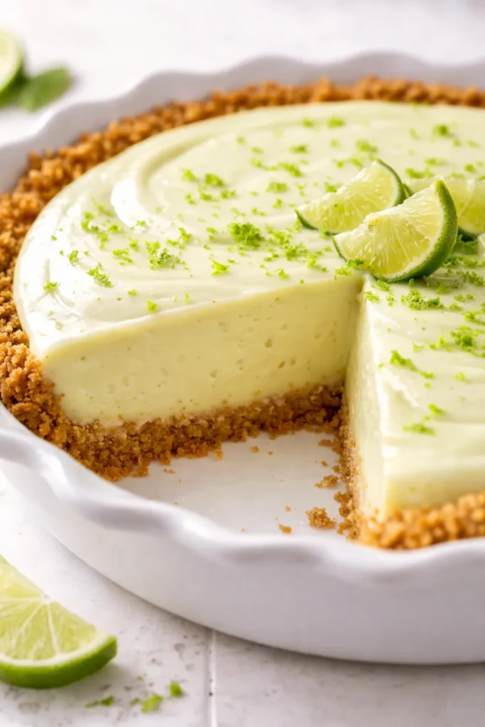 Mini no-bake key lime pies with pale green filling and crumbly graham cracker crust, topped with whipped cream and lime zest.