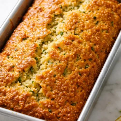 Moist lemon zucchini bread loaf with a golden brown crust and visible green zucchini flecks, sliced to show tender crumb.