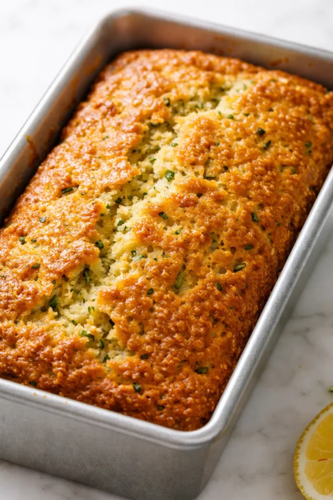 Moist lemon zucchini bread loaf with a golden brown crust and visible green zucchini flecks, sliced to show tender crumb.