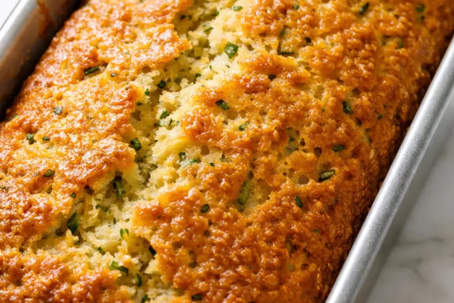 Moist lemon zucchini bread loaf with a golden brown crust and visible green zucchini flecks, sliced to show tender crumb.