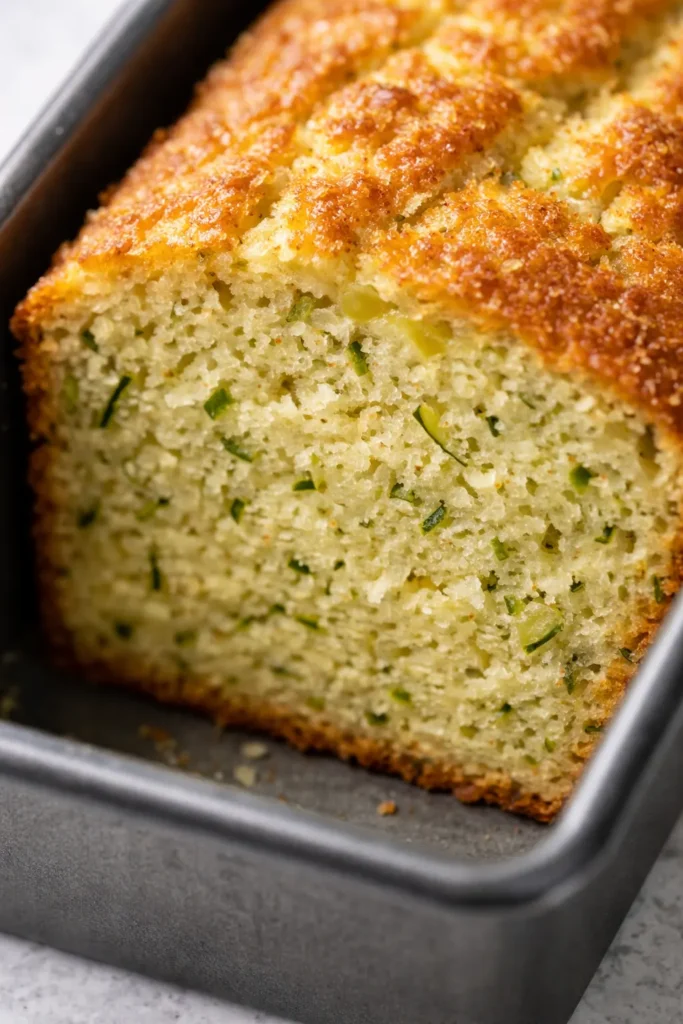 Moist lemon zucchini bread with a crunchy lemon sugar top, golden brown crust, and visible green zucchini flecks.