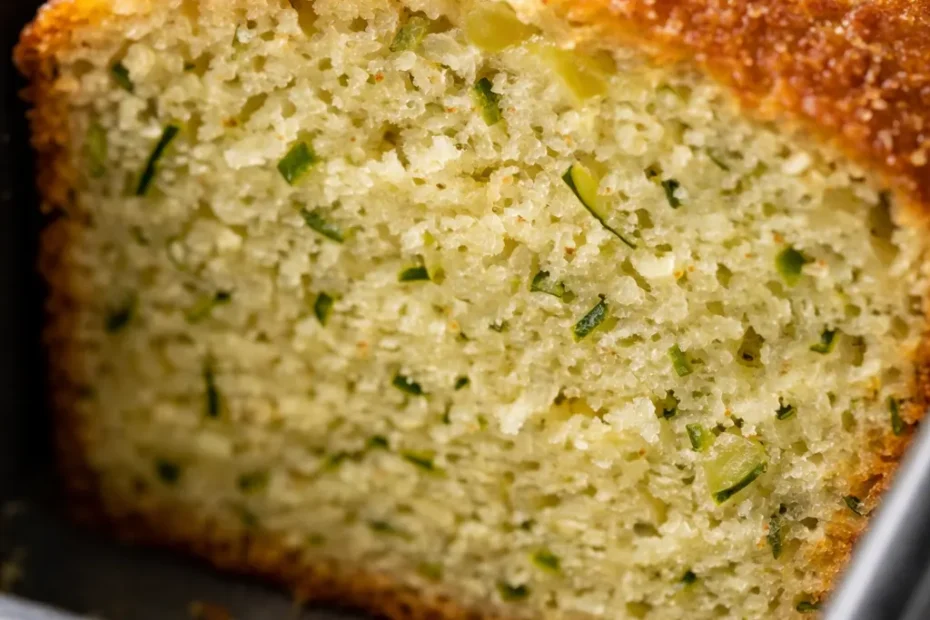 Moist lemon zucchini bread with a crunchy lemon sugar top, golden brown crust, and visible green zucchini flecks.
