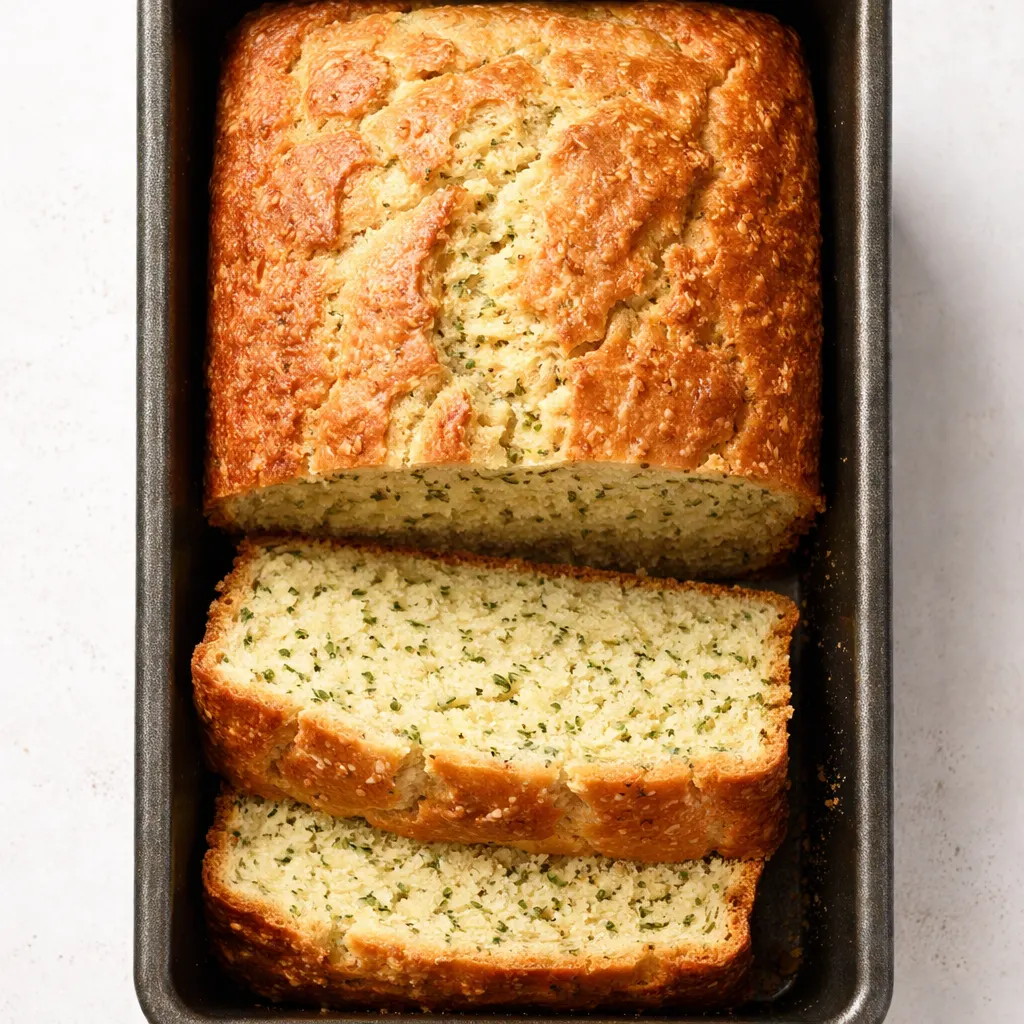 Hands sprinkling crunchy lemon sugar mixture over pale yellow zucchini bread batter with green zucchini flecks.