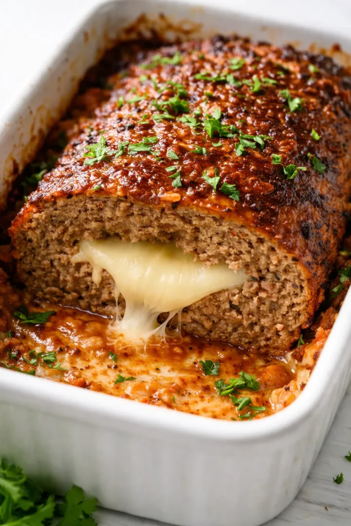 Golden brown mozzarella stuffed meatloaf sliced open revealing a gooey cheese center, juicy texture, and rich savory color.