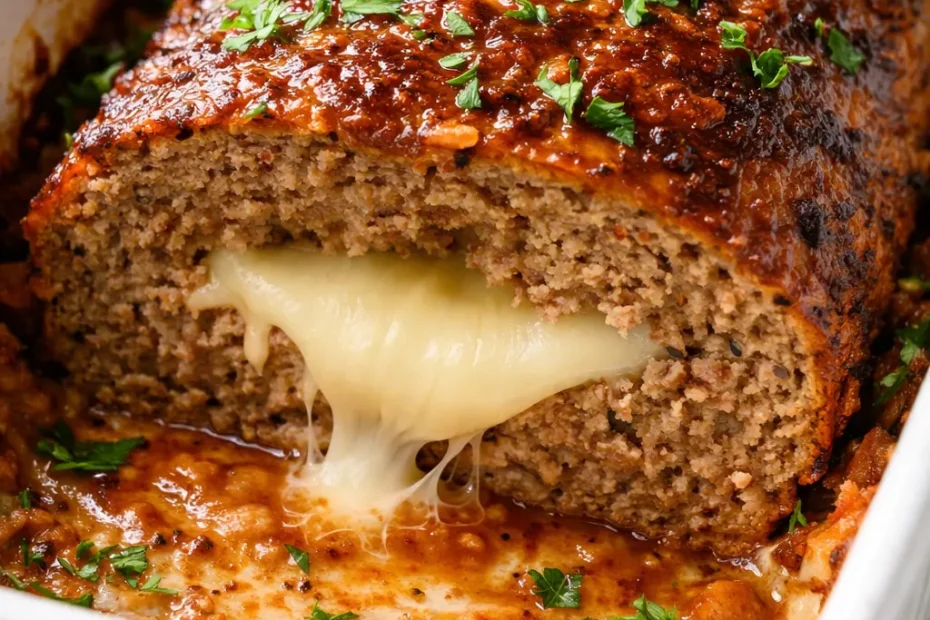 Golden brown mozzarella stuffed meatloaf sliced open revealing a gooey cheese center, juicy texture, and rich savory color.