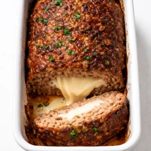 A slice of mozzarella stuffed meatloaf with melted cheese oozing out, golden brown crust, and tender juicy texture.