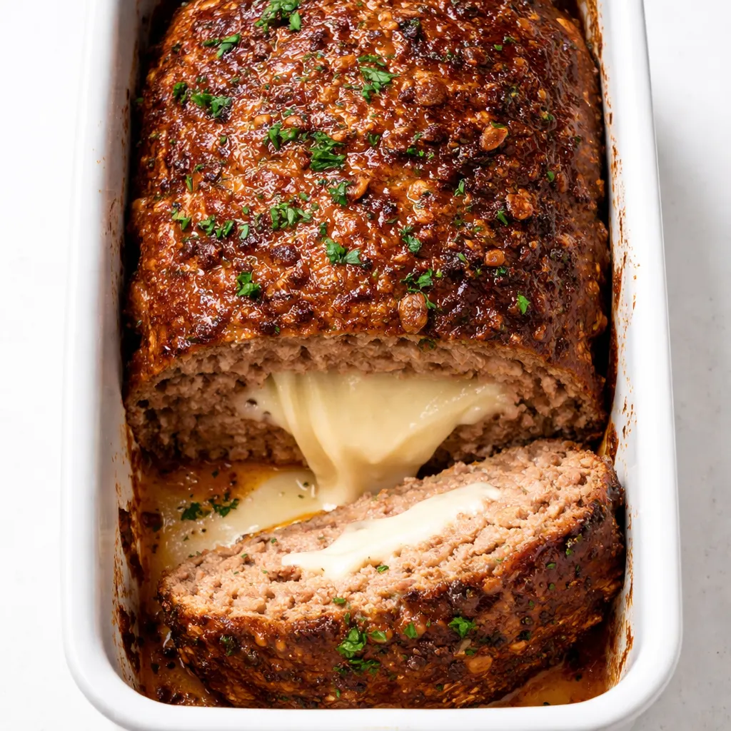 A slice of mozzarella stuffed meatloaf with melted cheese oozing out, golden brown crust, and tender juicy texture.