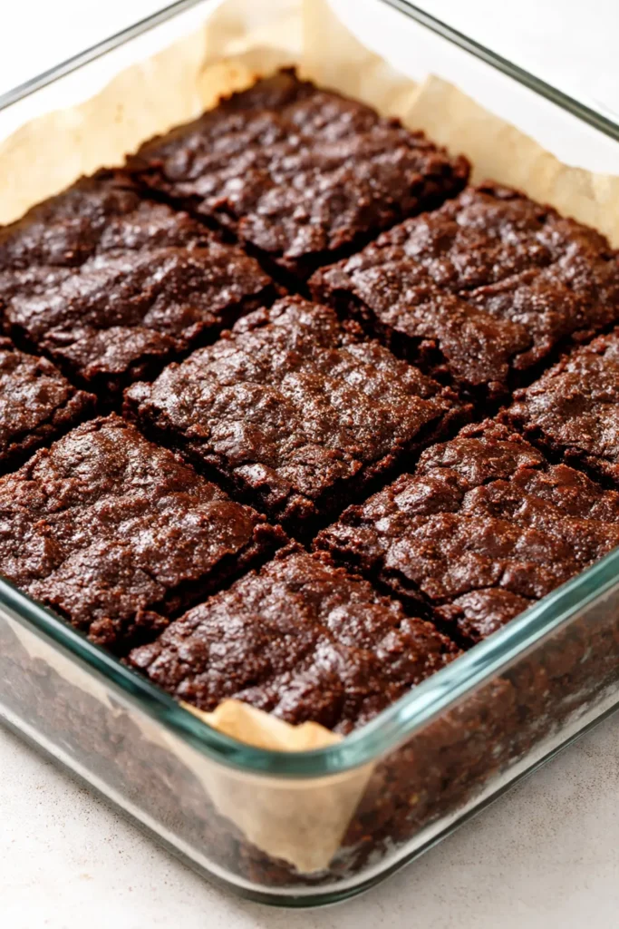 Dense, fudgy no-bake brownies with a glossy, crackly top and gooey center, dusted with powdered sugar.