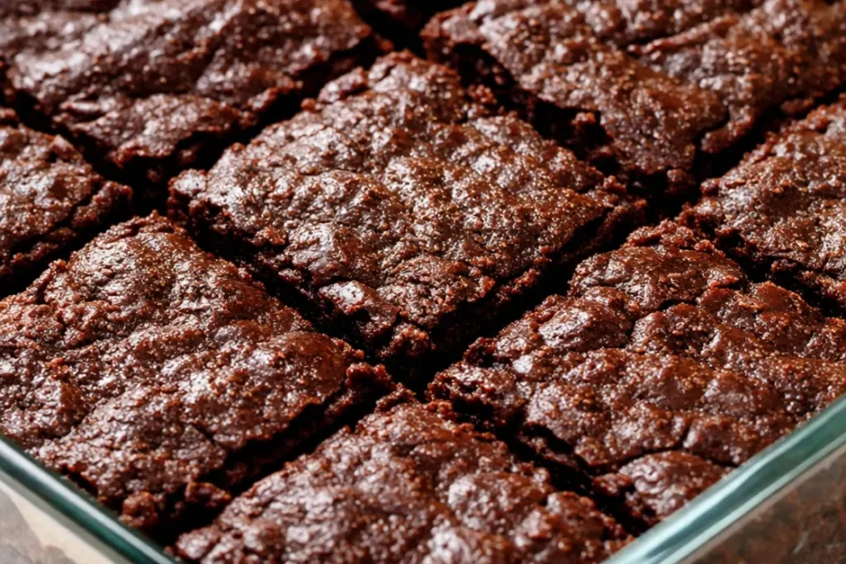 Dense, fudgy no-bake brownies with a glossy, crackly top and gooey center, dusted with powdered sugar.
