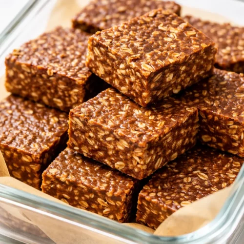 Soft no-bake peanut butter oat cups dusted with cocoa powder and sea salt, displaying a dense, fudgy texture on a white ceramic plate.