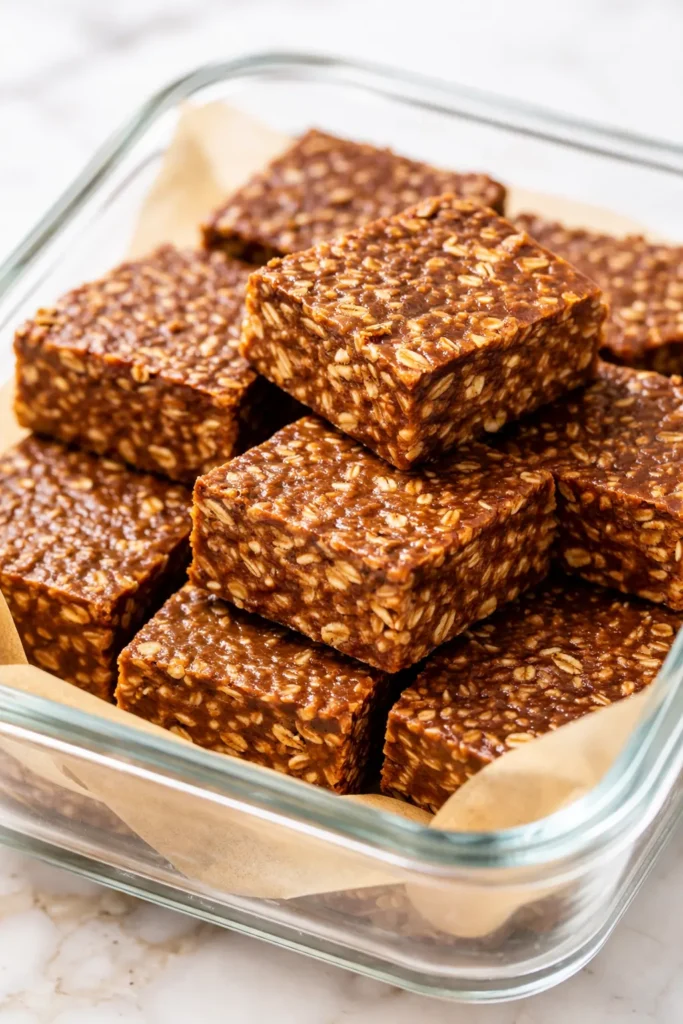 Soft no-bake peanut butter oat cups dusted with cocoa powder and sea salt, displaying a dense, fudgy texture on a white ceramic plate.