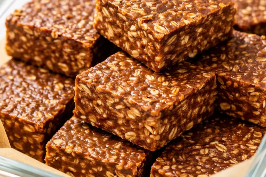 Soft no-bake peanut butter oat cups dusted with cocoa powder and sea salt, displaying a dense, fudgy texture on a white ceramic plate.